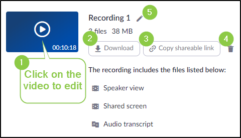 the options on the recording page: edit, download, share, delete, rename